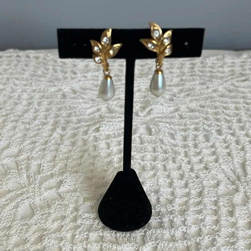 Vintage Faux Pearl Drop Clip On Gold Tone Rhinestone Leaf Earrings